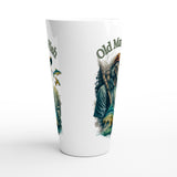 A tall white tapered pint glass featuring a detailed graphic print of an old man fishing, with the text 'Old Man Fish' visible on the side, set against a clean white background.