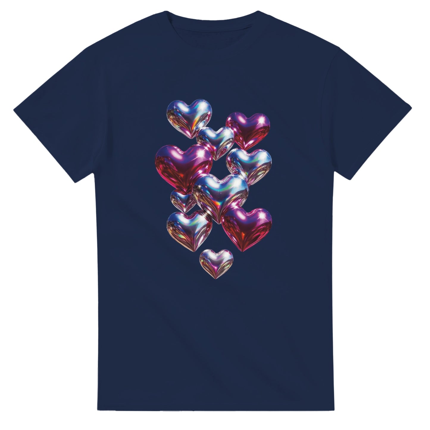 Navy blue t-shirt with colorful heart design on a white background