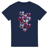 Navy blue t-shirt with colorful heart design on a white background