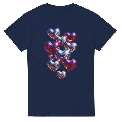 Navy blue t-shirt with colorful heart design on a white background