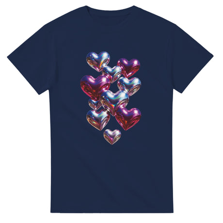 Navy blue t-shirt with colorful heart design on a white background