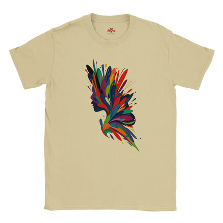 Natural (Beige) t-shirt with a colorful abstract design on a white background