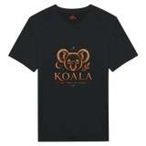 A black short-sleeve crewneck t-shirt featuring a stylized orange koala graphic with the word 'KOALA' and the phrase 'MY TREE, MY HOME' printed on the front.