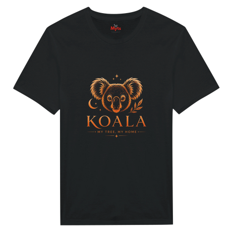 A black short-sleeve crewneck t-shirt featuring a stylized orange koala graphic with the word 'KOALA' and the phrase 'MY TREE, MY HOME' printed on the front.