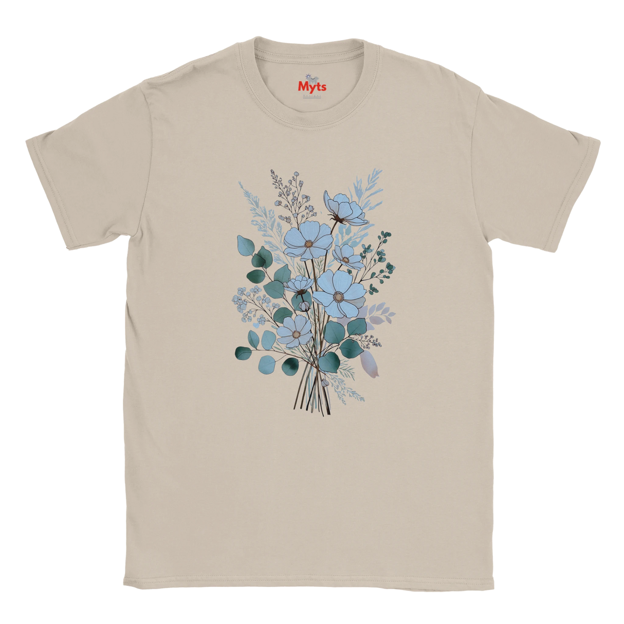 A beige crewneck t-shirt featuring a central graphic of a floral bouquet in shades of light blue, teal, and gray, with a small butterfly motif. The brand name 'Myts' is printed in red on the inside neck label.