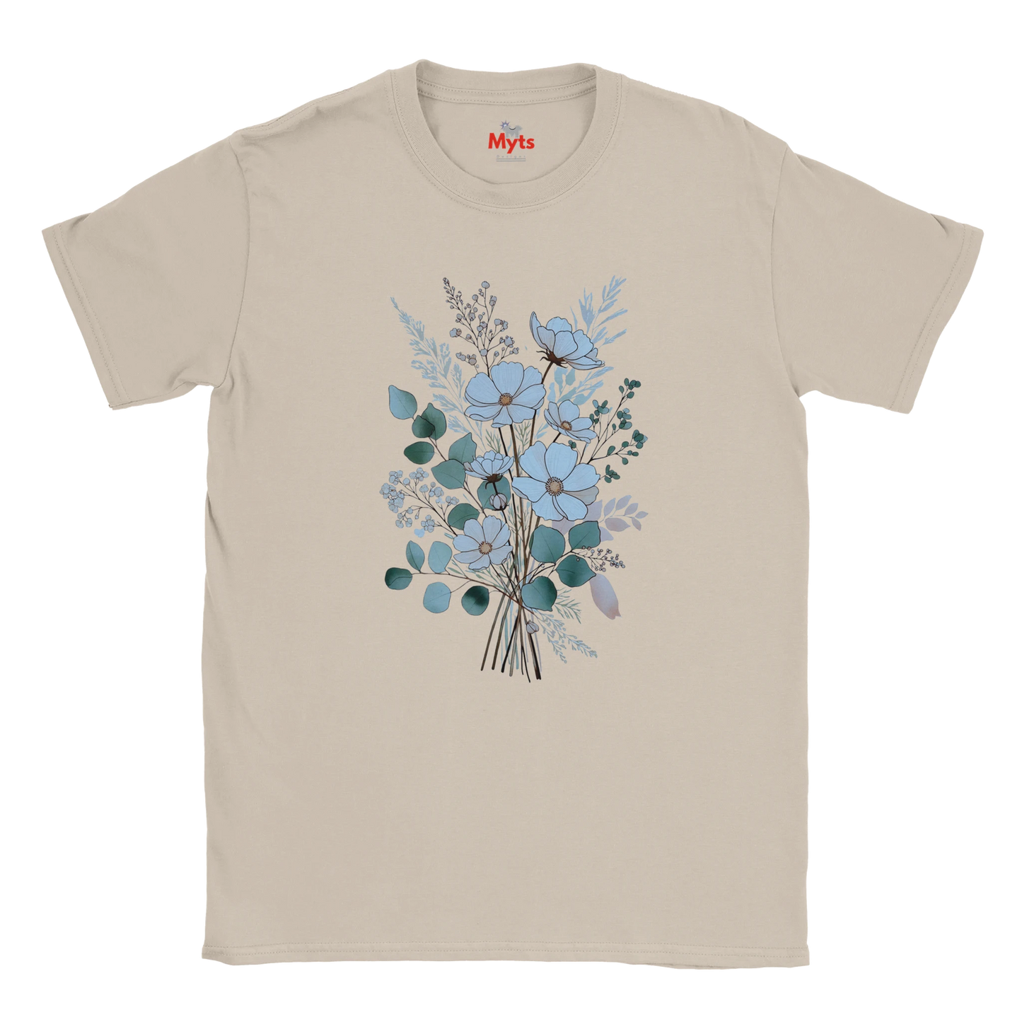 A beige crewneck t-shirt featuring a central graphic of a floral bouquet in shades of light blue, teal, and gray, with a small butterfly motif. The brand name 'Myts' is printed in red on the inside neck label.