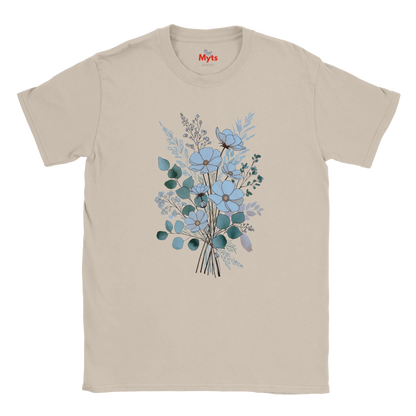 A beige crewneck t-shirt featuring a central graphic of a floral bouquet in shades of light blue, teal, and gray, with a small butterfly motif. The brand name 'Myts' is printed in red on the inside neck label.