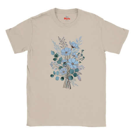 A beige crewneck t-shirt featuring a central graphic of a floral bouquet in shades of light blue, teal, and gray, with a small butterfly motif. The brand name 'Myts' is printed in red on the inside neck label.