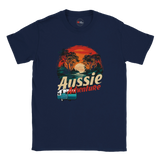Navy blue t-shirt with 'Aussie Adventure' graphic design on a white background