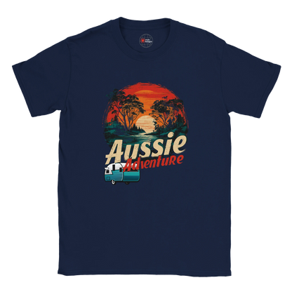Navy blue t-shirt with 'Aussie Adventure' graphic design on a white background