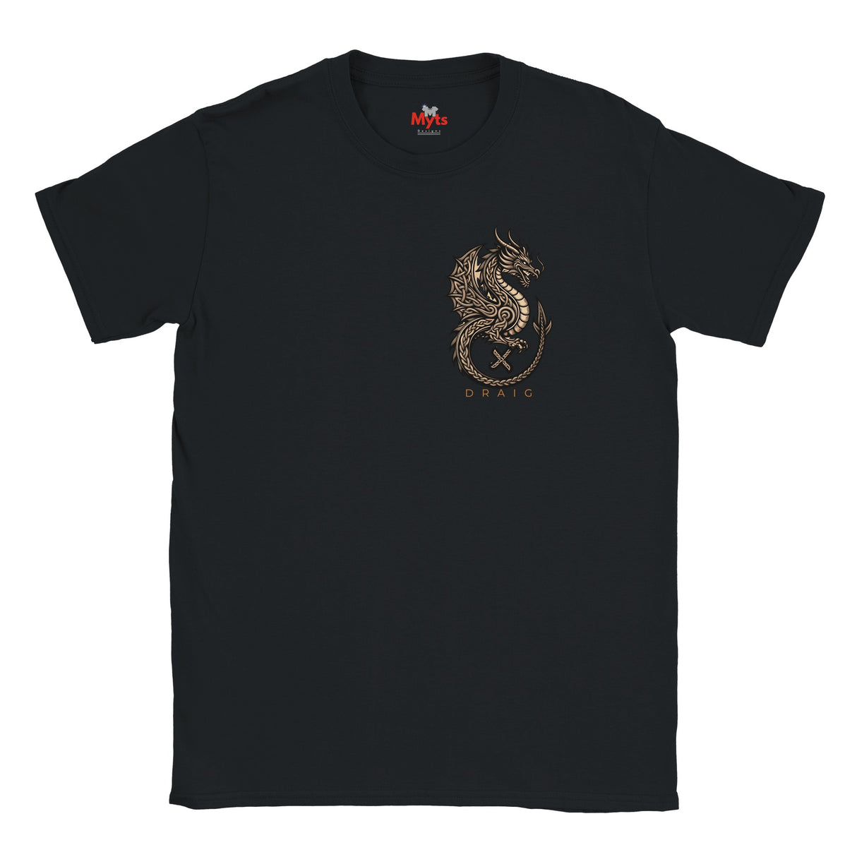 A black short-sleeve crewneck t-shirt featuring a gold dragon graphic and the word 'DRAG' printed on the left chest, displayed against a solid white background.