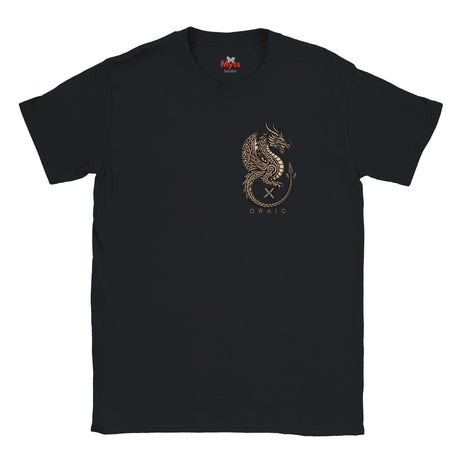 A black short-sleeve crewneck t-shirt featuring a gold dragon graphic and the word 'DRAG' printed on the left chest, displayed against a solid white background.