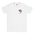 White t-shirt with a black and white emblem on a white background