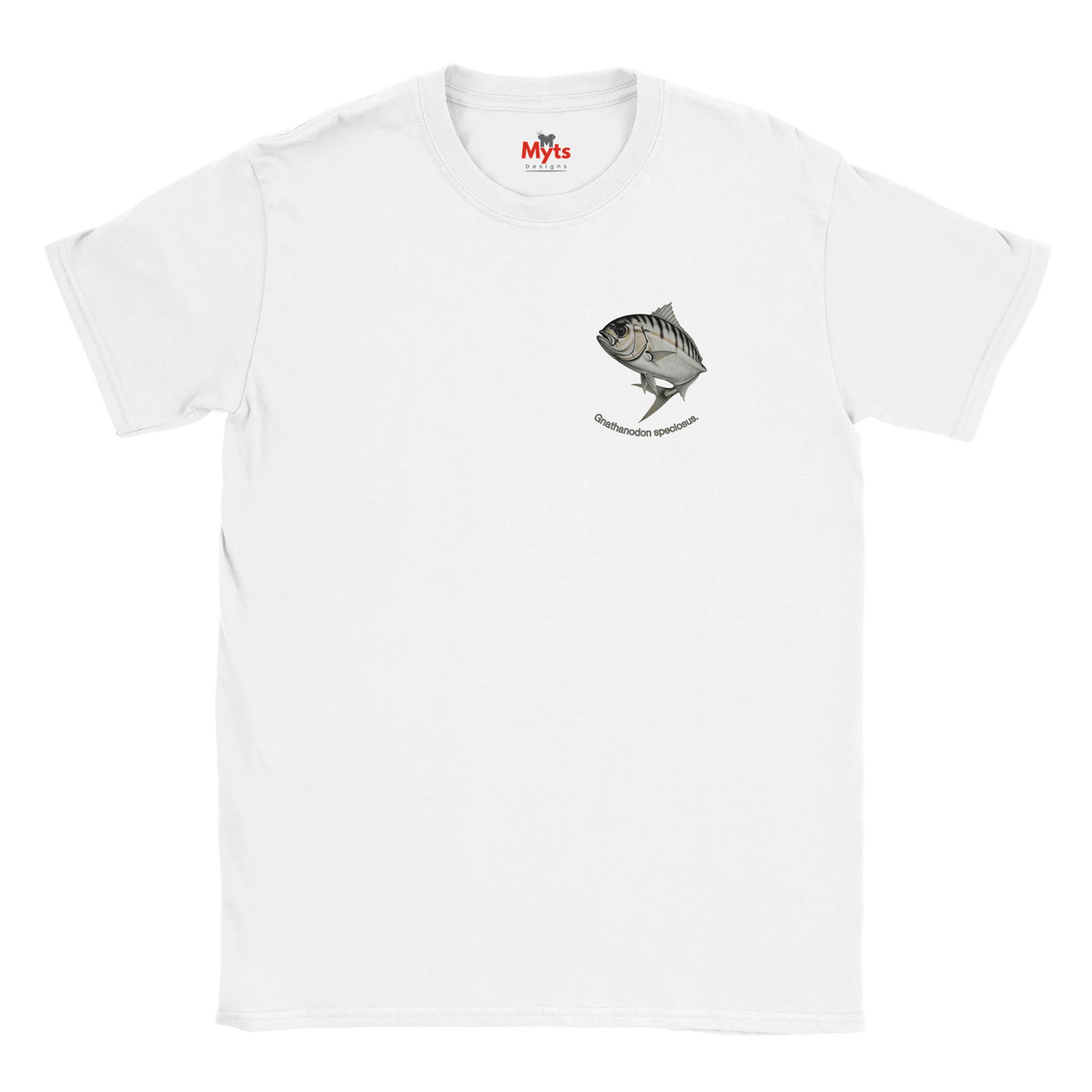 White t-shirt with a black and white emblem on a white background