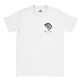 White t-shirt with a black and white emblem on a white background