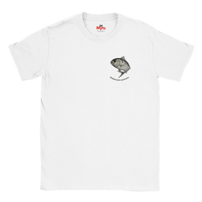 White t-shirt with a black and white emblem on a white background