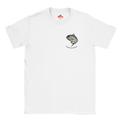 White t-shirt with a black and white emblem on a white background