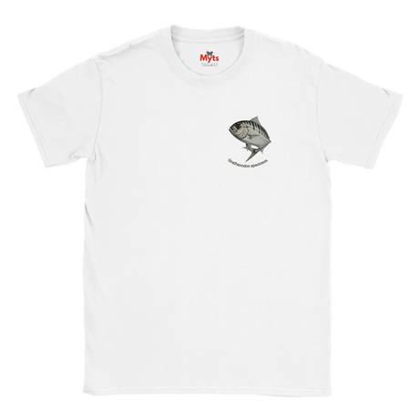 White t-shirt with a black and white emblem on a white background