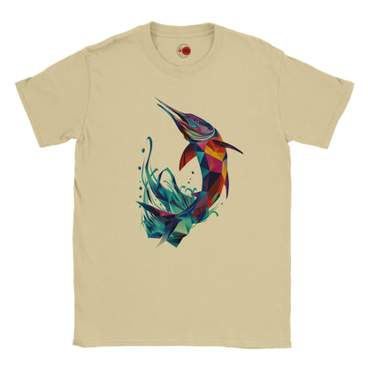 Natural t-shirt with a colorful fish graphic on a white background