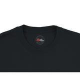 Black t-shirt with a logo on the chest area against a white background