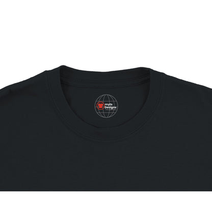 Black t-shirt with a logo on the chest area against a white background