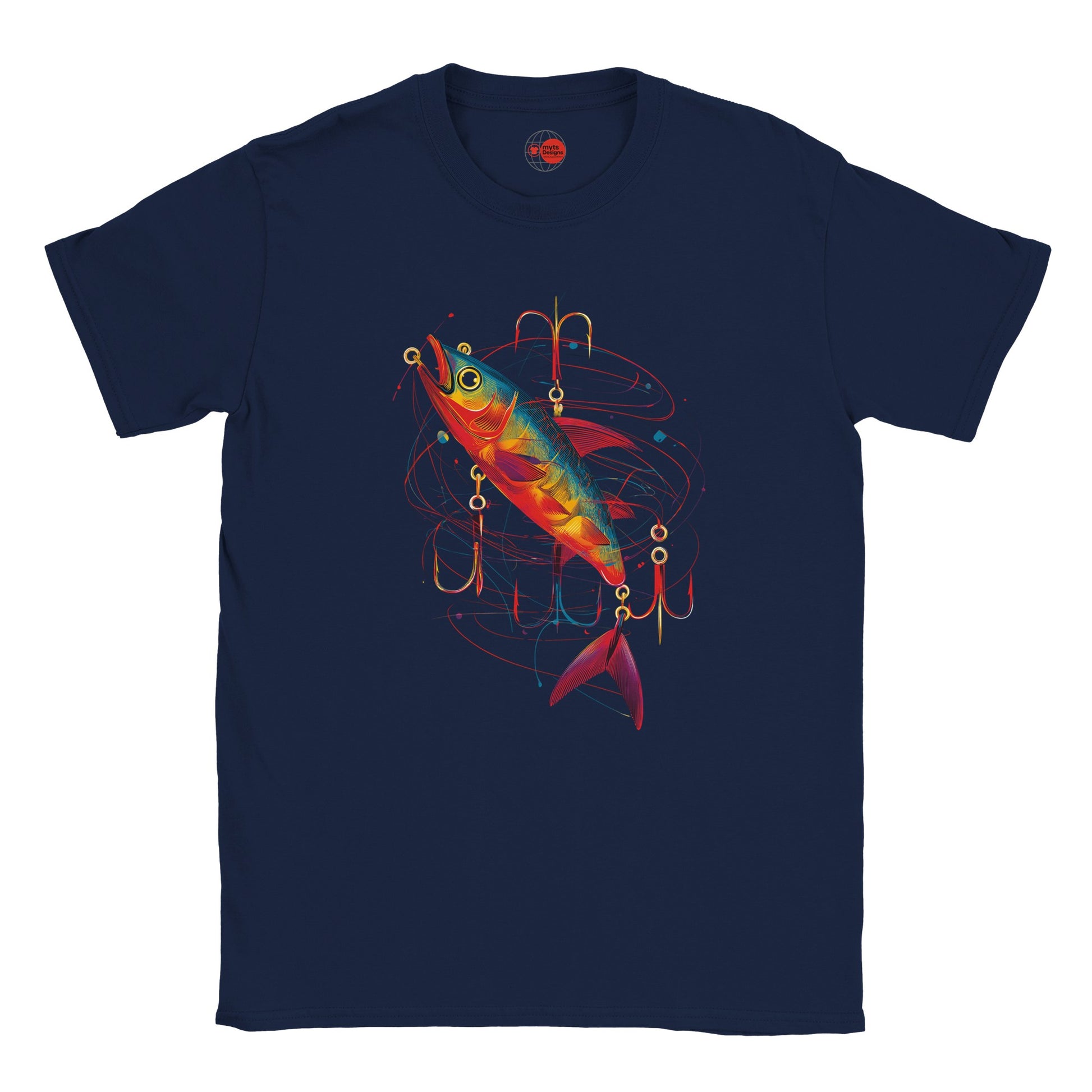 Navy blue t-shirt with a colorful fish design on a white background