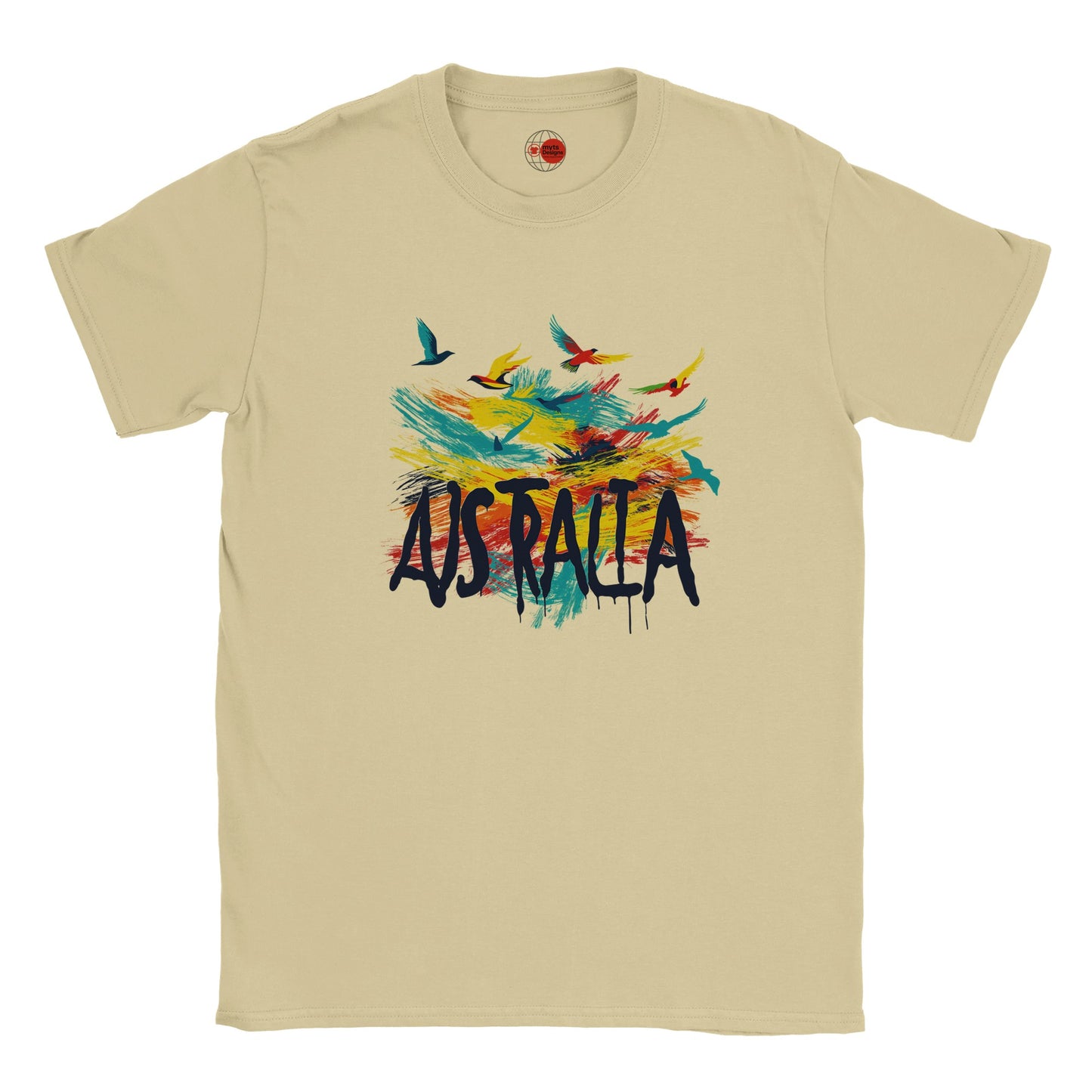 Natural t-shirt with colorful 'Australia' design featuring birds on a white background