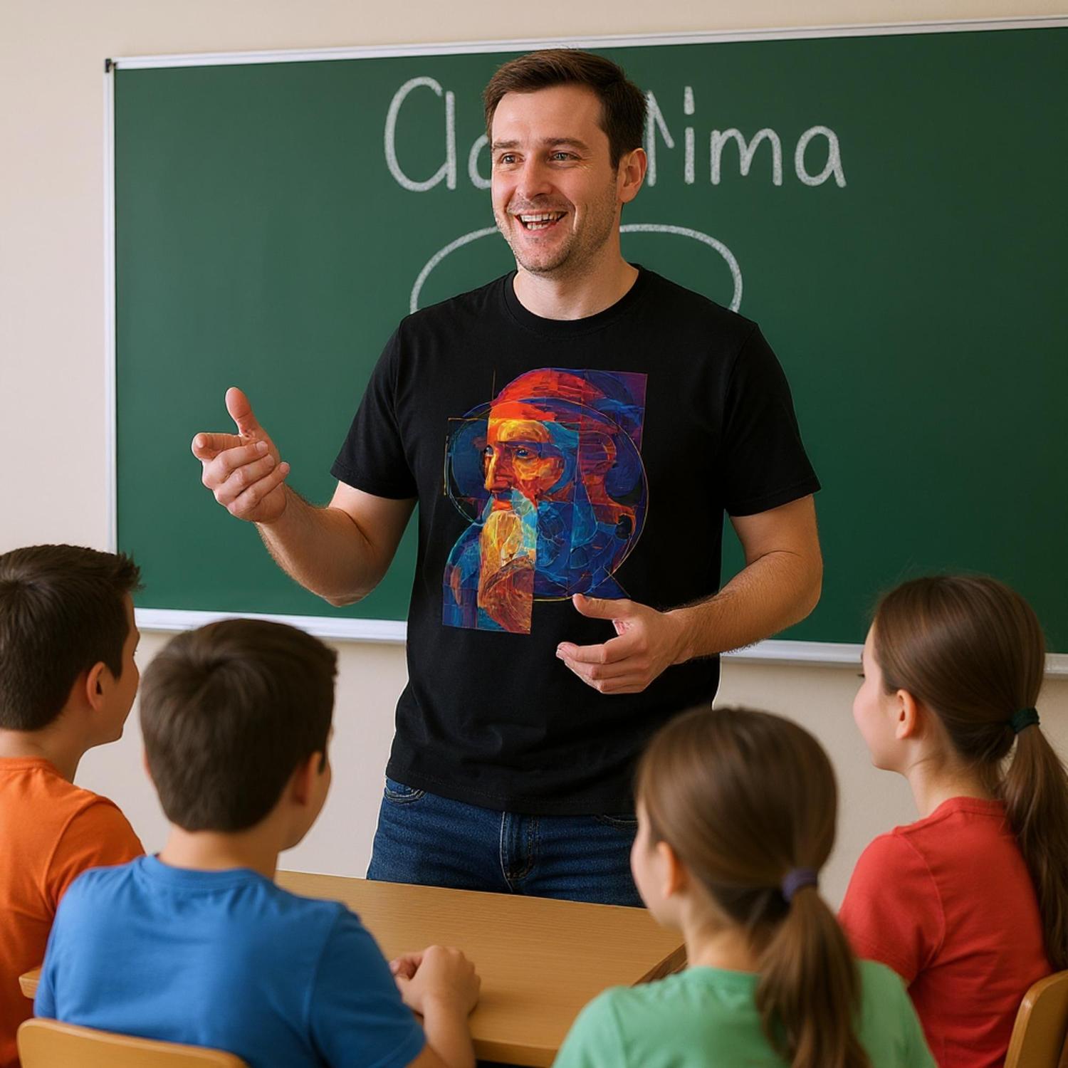 A teacher in a classroom with students, standing in front of a green chalkboard.