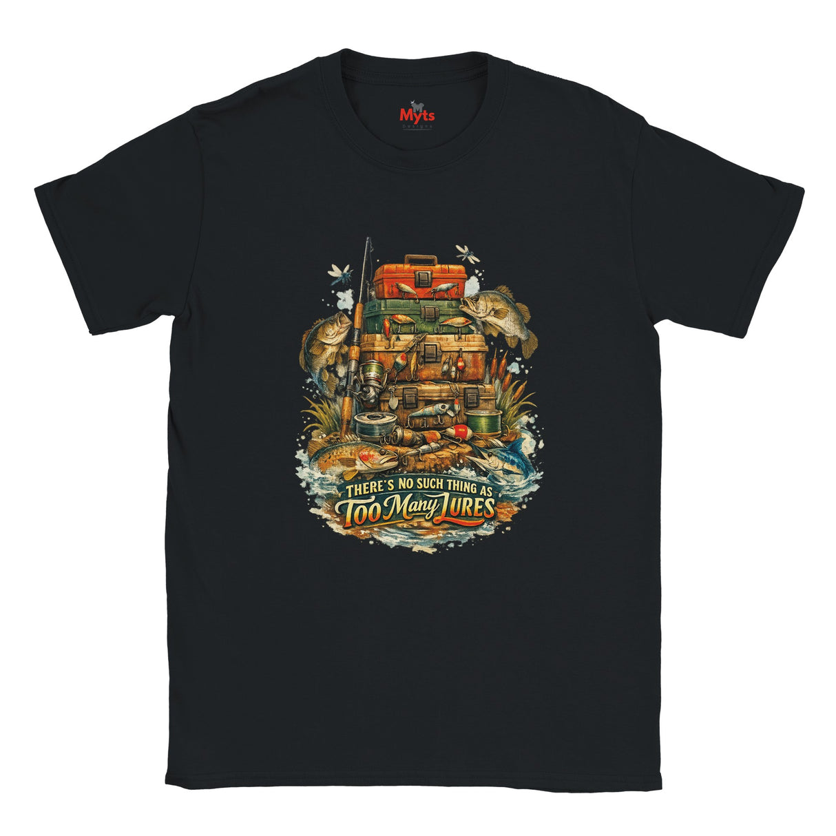 Black t-shirt with a colorful graphic design featuring a cabin and fishing theme on a white background.
