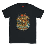 Black t-shirt with a colorful graphic design featuring a cabin and fishing theme on a white background.