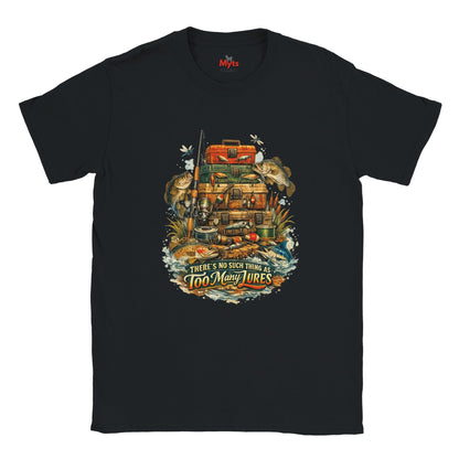 Black t-shirt with a colorful graphic design featuring a cabin and fishing theme on a white background.