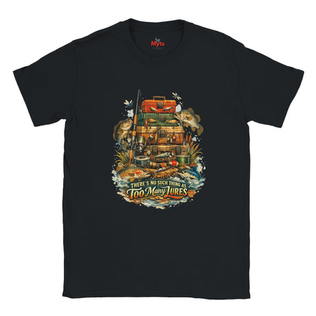 Black t-shirt with a colorful graphic design featuring a cabin and fishing theme on a white background.