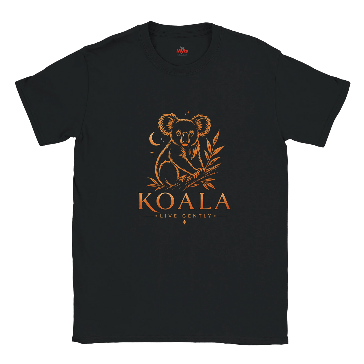 A black short-sleeve crewneck t-shirt featuring a stylized golden koala graphic with the text 'KOALA LIVE GENTLY' printed on the front, displayed against a solid white background.