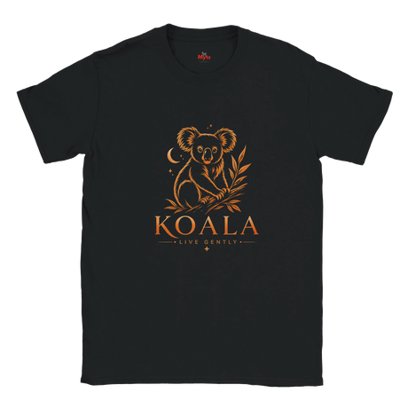 A black short-sleeve crewneck t-shirt featuring a stylized golden koala graphic with the text 'KOALA LIVE GENTLY' printed on the front, displayed against a solid white background.