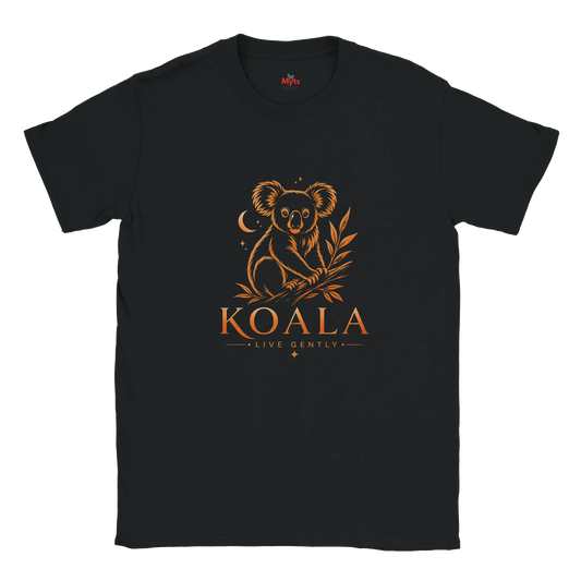 A black short-sleeve crewneck t-shirt featuring a stylized golden koala graphic with the text 'KOALA LIVE GENTLY' printed on the front, displayed against a solid white background.
