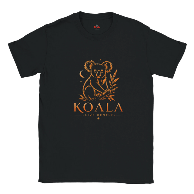 A black short-sleeve crewneck t-shirt featuring a stylized golden koala graphic with the text 'KOALA LIVE GENTLY' printed on the front, displayed against a solid white background.