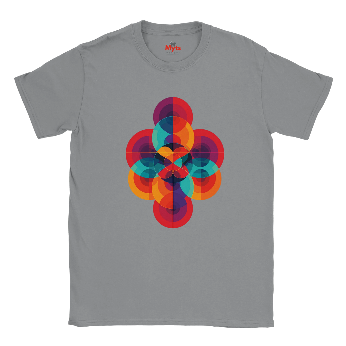 Gray t-shirt with a colorful geometric design on a white background