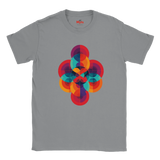 Gray t-shirt with a colorful geometric design on a white background