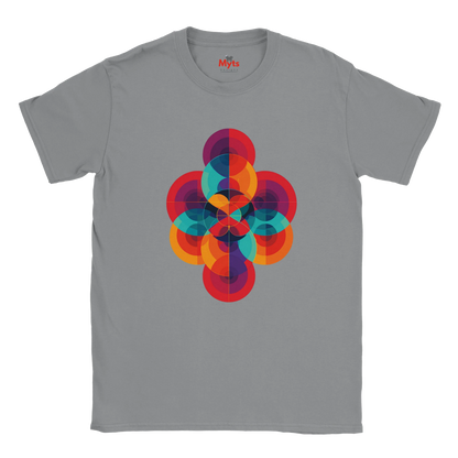 Gray t-shirt with a colorful geometric design on a white background