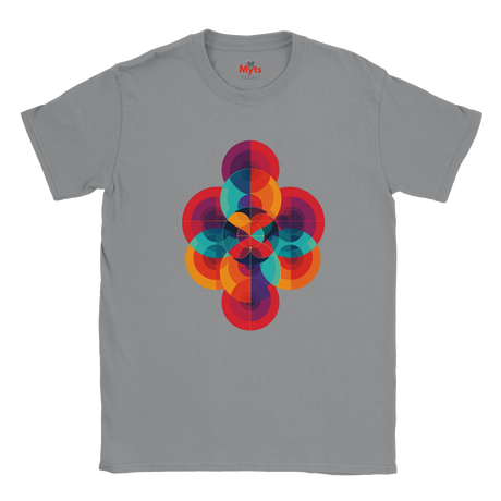 Gray t-shirt with a colorful geometric design on a white background