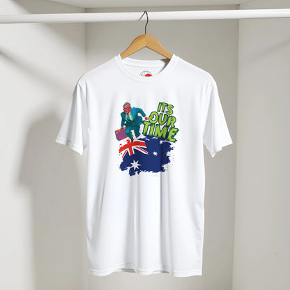 White t-shirt with a graphic design featuring an Australian flag and text on a hanger against a plain background.