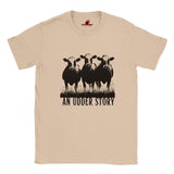 Front view of neutral cotton T-shirt featuring illustrated cows and text “An Udder Story” – humorous farm-themed graphic tee

