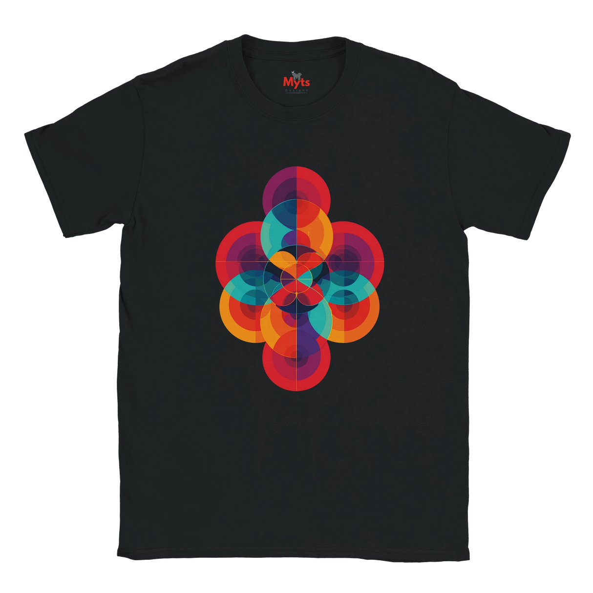 Black t-shirt with a colorful geometric design on a white background