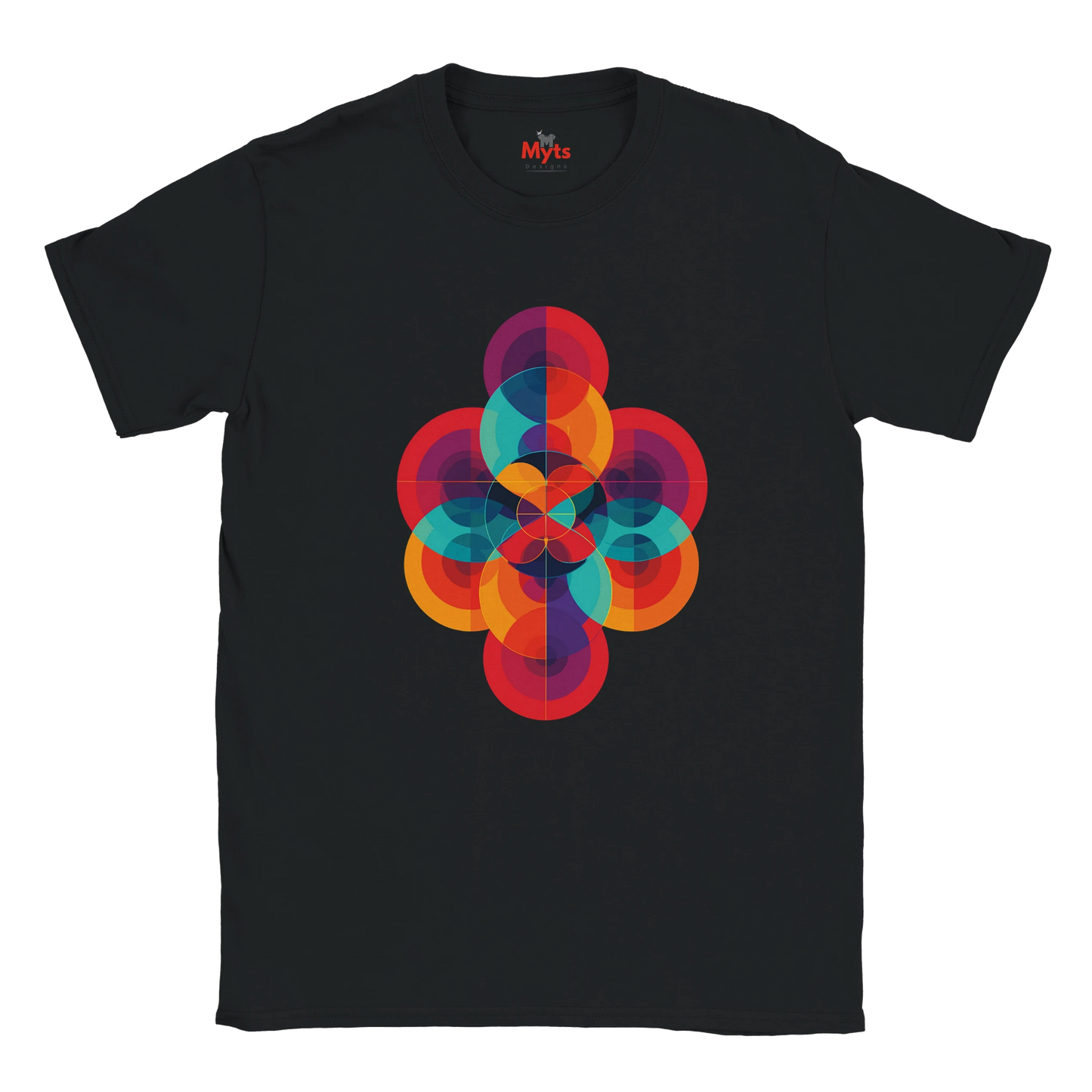 Black t-shirt with a colorful geometric design on a white background