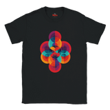 Black t-shirt with a colorful geometric design on a white background