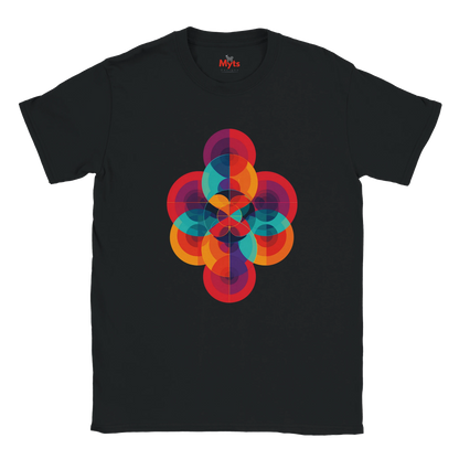 Black t-shirt with a colorful geometric design on a white background