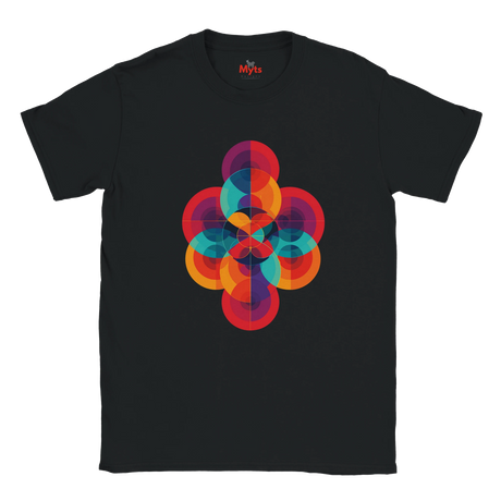 Black t-shirt with a colorful geometric design on a white background