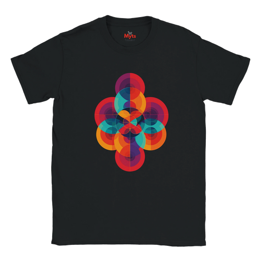 Black t-shirt with a colorful geometric design on a white background