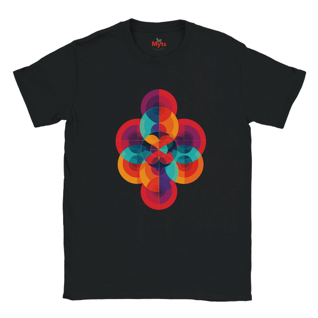 Black t-shirt with a colorful geometric design on a white background
