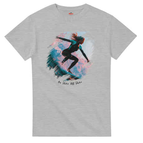 Gray t-shirt with a graphic of a person surfing on a colorful wave design.